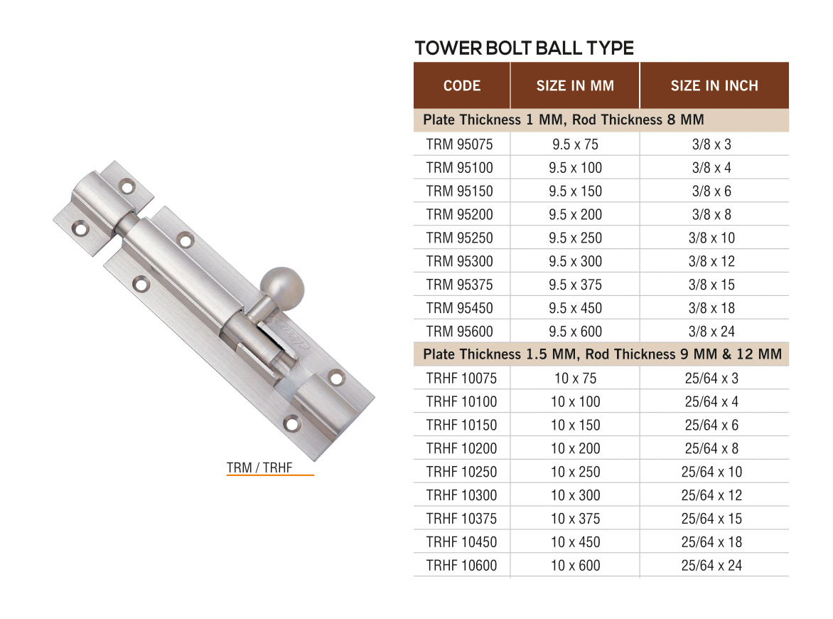 TRM/TRHF by Decor Brass Hardware Tower Bolt
